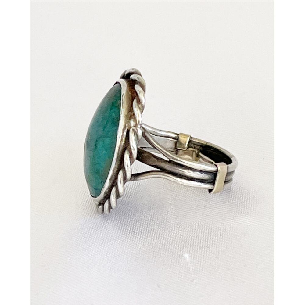 Native American Navajo Sterling Silver Turquoise Twisted Rope Bezel Split Band - Picture 4 of 11